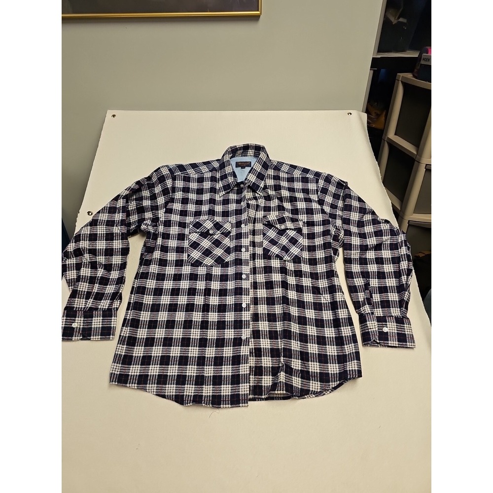 Woodland Mens XL Navy Blue White Plaid Flannel Button Down Shirt Perma-Press